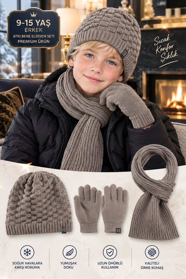 Lux 9-15 Years Old Boys' Scarf, Beanie, Glove Set 3-Piece Winter Set Beanie, Scarf and Gloves Premium