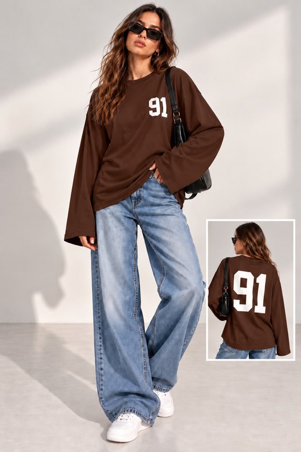 Both Front and Back Printed Oversize Fit Long Sleeve Hoodless Pocketless Women's Sweetshirt