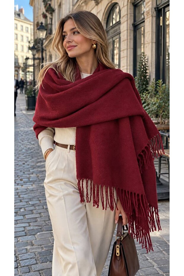 Burgundy Lux Soft Textured Tasseled Boucle Shoulder Women's Shawl 70X180 cm