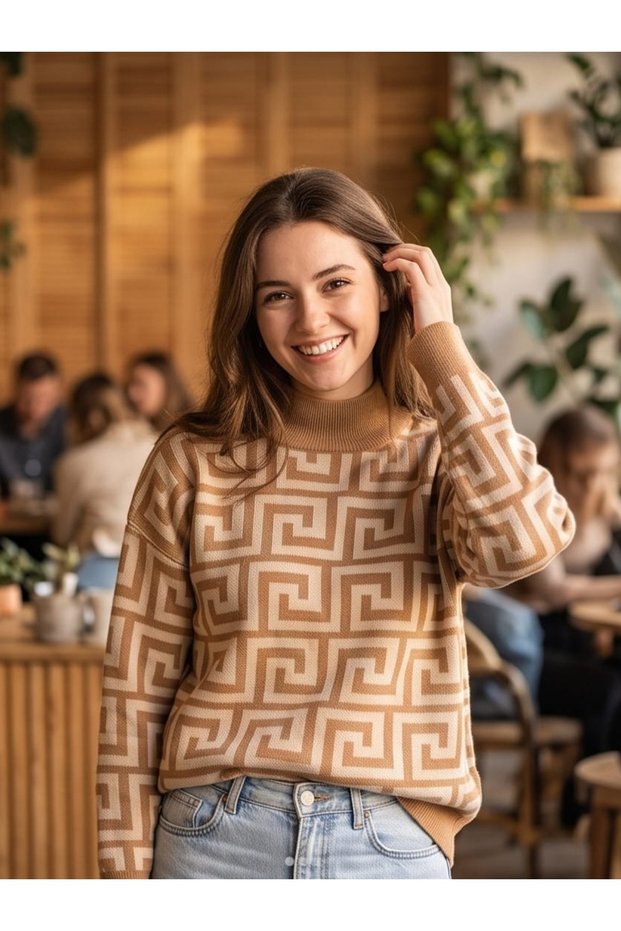 Women's Tan Geometric Maze Patterned Half Turtleneck Knitwear Sweater Soft Textured Relaxed Fit