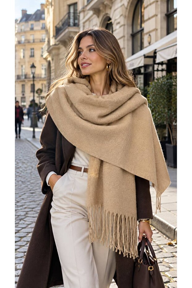 Camel Lux Soft Textured Tasseled Boucle Shoulder Women's Shawl 70X180 cm