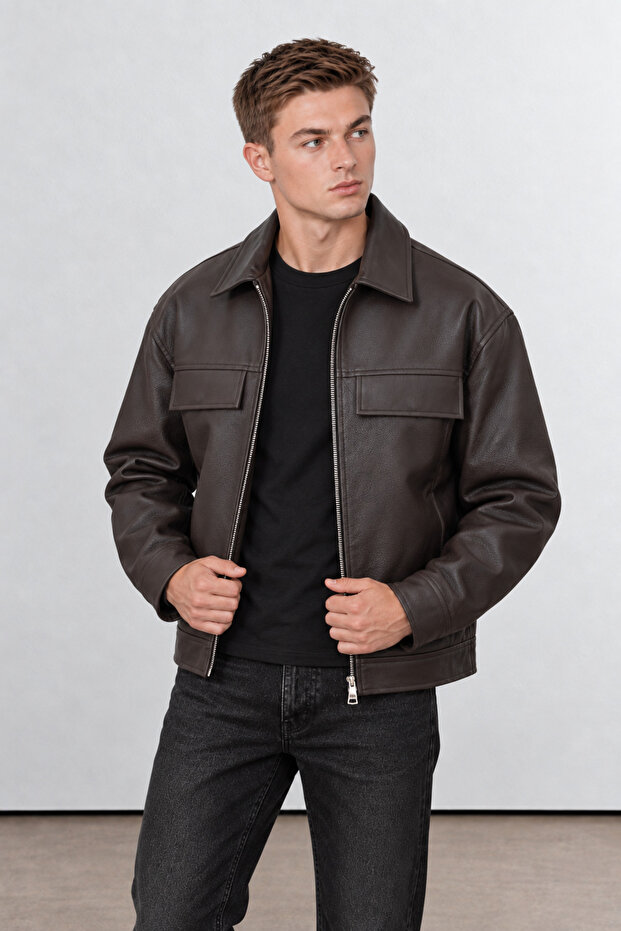 Oversize Shirt Collar Double Pocket Men's Leather Jacket