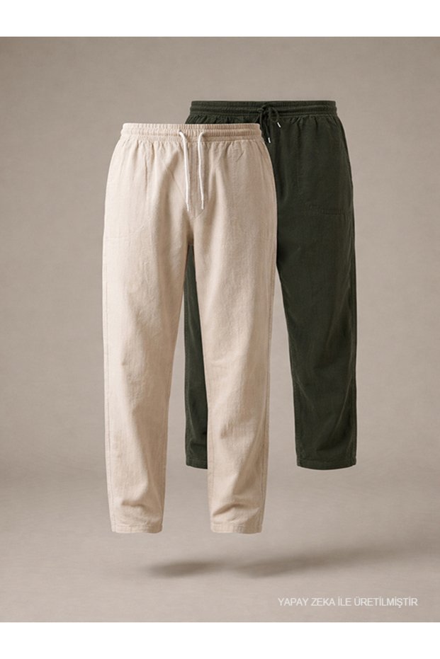 Men's 2-Piece Linen Trousers Beige - Khaki