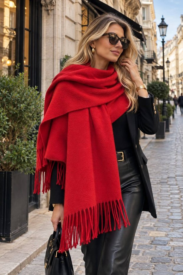 Red Lux Soft Textured Tasseled Boucle Shoulder Women's Shawl 70X180 cm