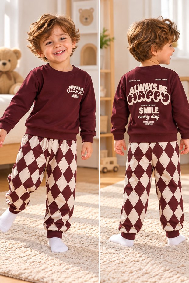 Boy's Happy Printed Sweatshirt and Diamond Patterned Sweatpants Set in Burgundy