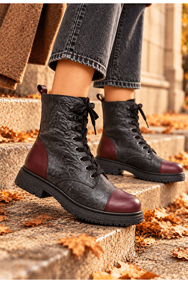 Genuine Leather Women's Zippered Lace-Up Boots Model Name: Neith