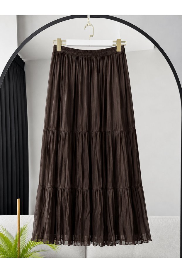 Layered Crinkle Chiffon Skirt - Bitter Brown