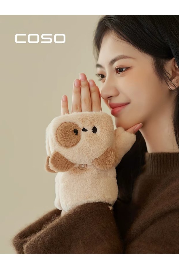 Cute Dog Figured Plush Furry Flap Gloves Women's Teen Girls' Children's Winter Soft Warm Cute Furry Gloves