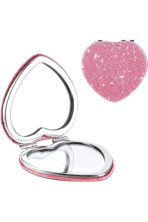 Compact Folding Mirror, Heart Shaped Mini Vanity Mirror, Portable Travel Makeup Mirror for Purse, D