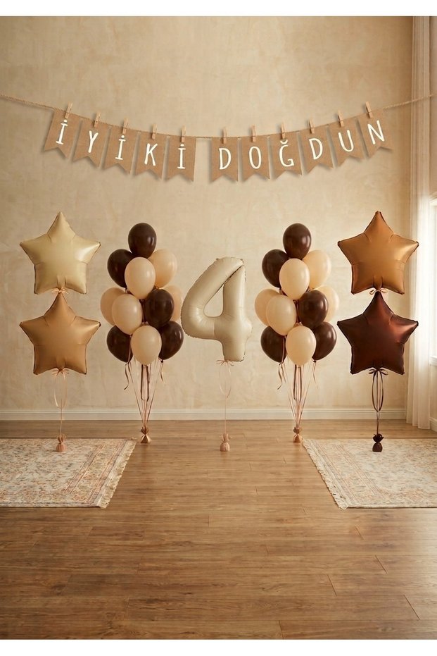 4 Year Old Birthday Decoration Set with Number Foil Balloons, Cream Coffee Party Decoration