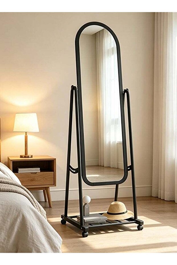 Full‑Length Mirror with Wheels, Adjustable Makeup Mirror with Storage Rack, Tilting Standing Mirror