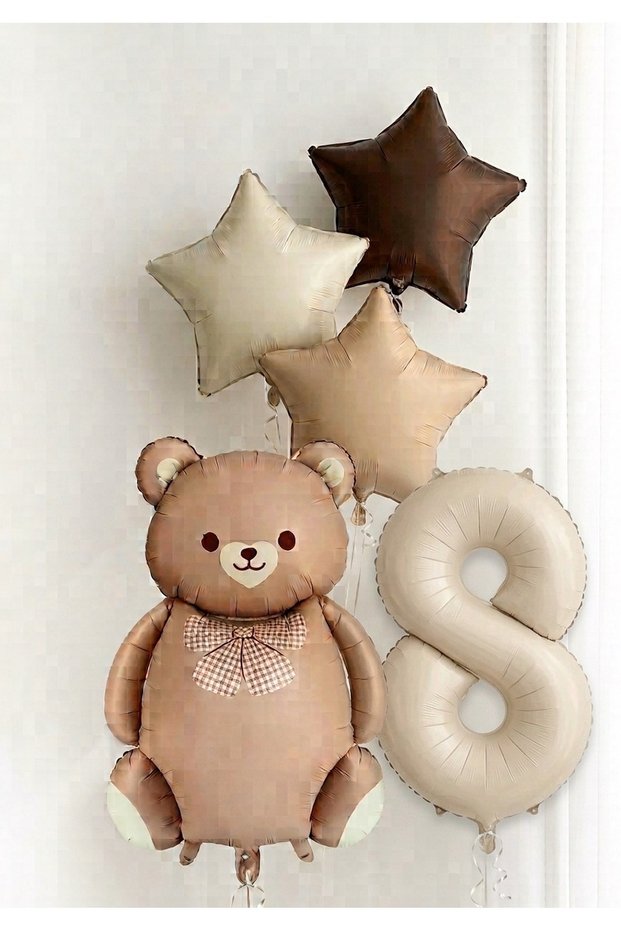8 Year Old Foil Balloon Set Birthday Ornament with Teddy Bear and Star Number