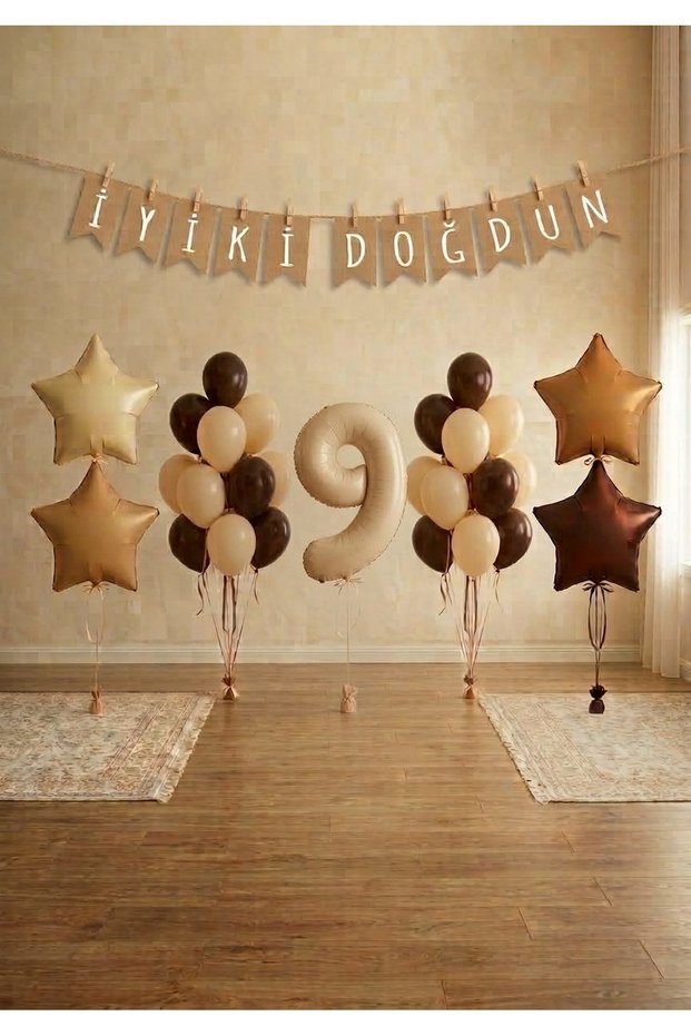9 Year Old Birthday Decoration Set with Number Foil Balloons, Cream Coffee Party Decoration