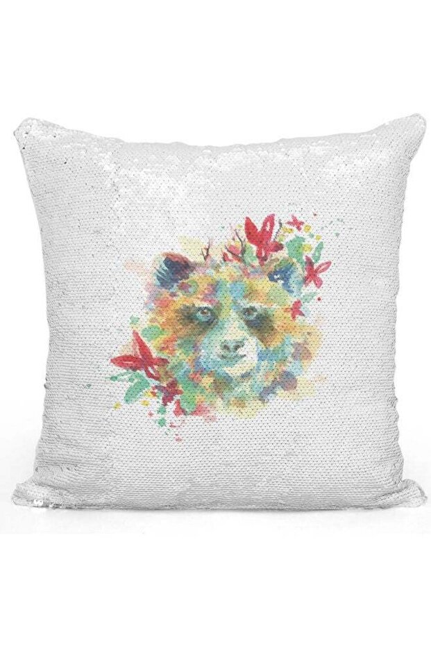 Cute Racoon Themed Sequin Decorative Throw Pillow White/Green/Silver 40x40cm