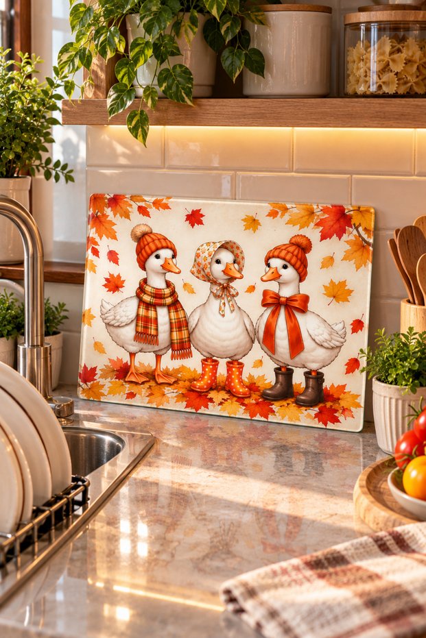 Glass Cutting Board with Goose Figure and Autumn Theme - Glass Cutting Board | 30cm X 40cm