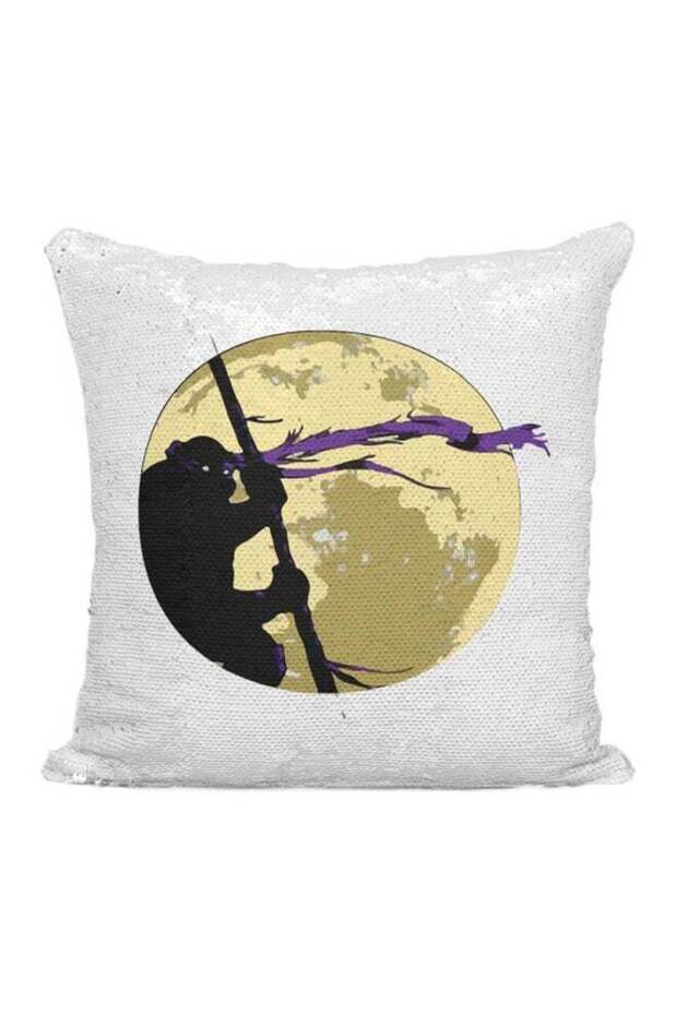 Donatello Ninja Turtle Printed Sequined Pillow Silver/White/Beige 16x16inch