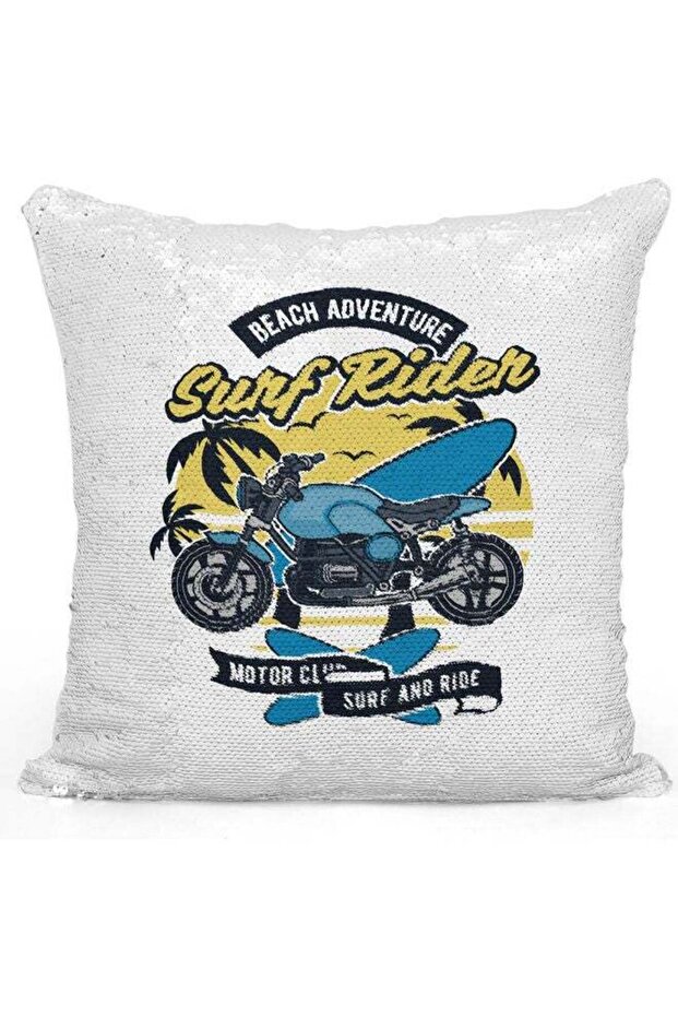 Surf Rider Themed Sequin Decorative Throw Pillow White/Blue/Silver 40x40cm