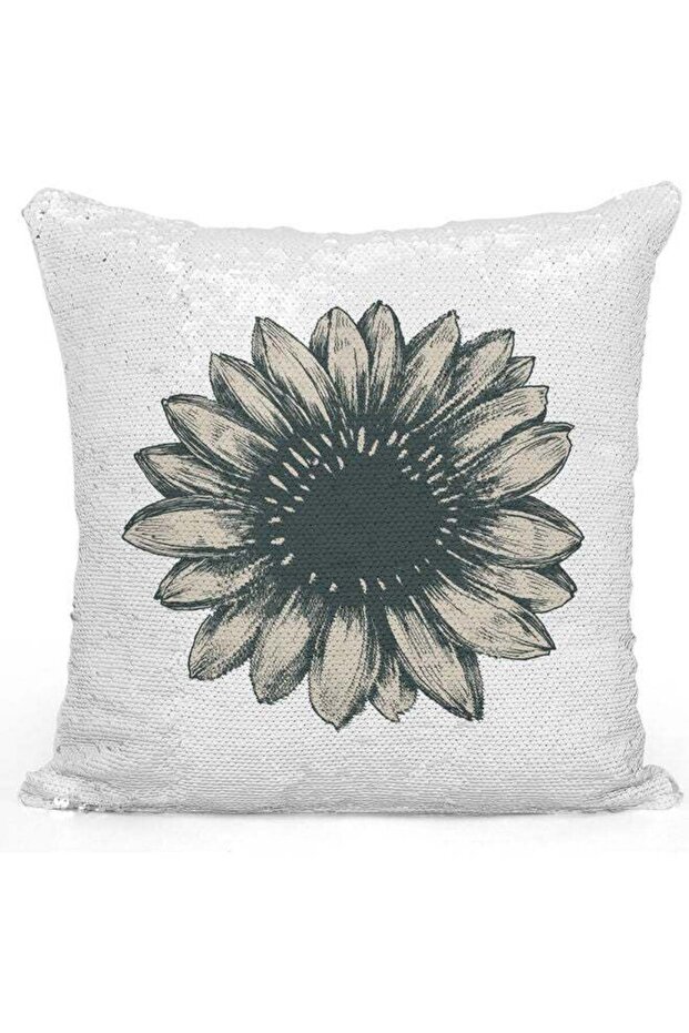 Sunflower Themed Sequin Decorative Throw Pillow White/Silver/Grey 40x40cm