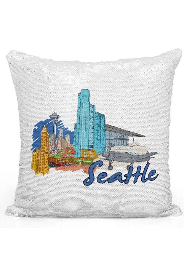 Seattle Themed Sequin Decorative Throw Pillow White/Silver/Blue 40x40cm