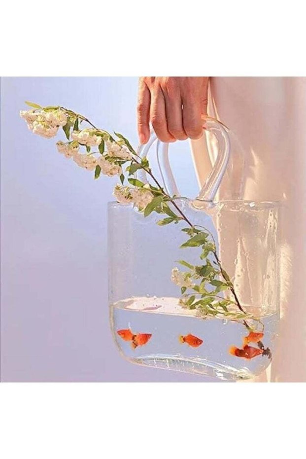 Glass Vase with Elegant Purse Design, Hand Purse vase with Fish Bowl, Unique Flower Vase with Handl