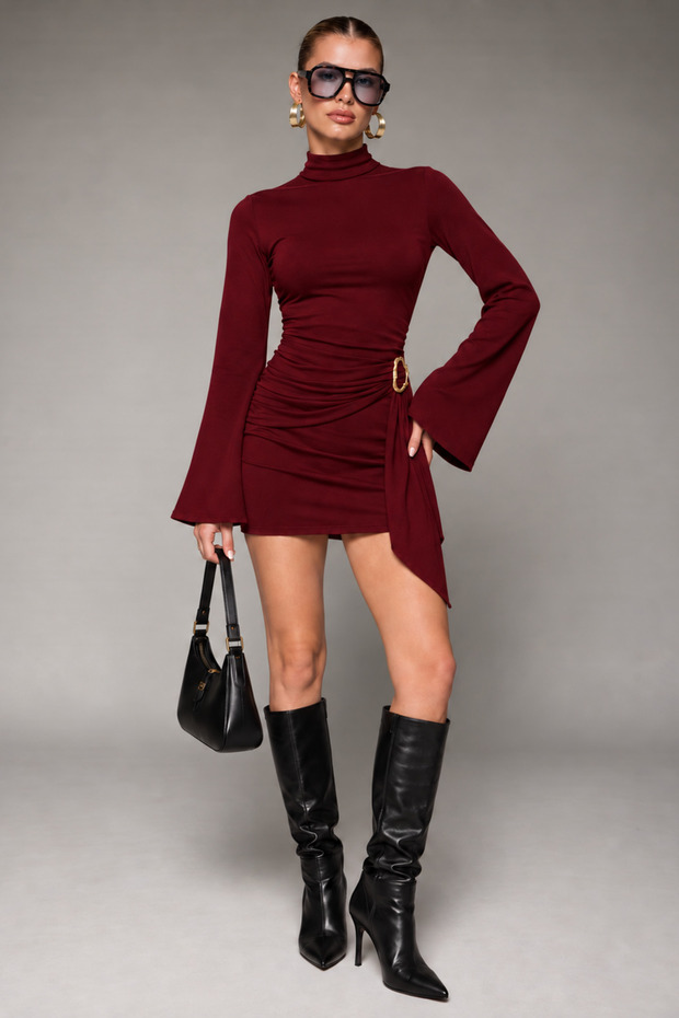 Women's High Neck Buckle Detailed Belted Mini Dress