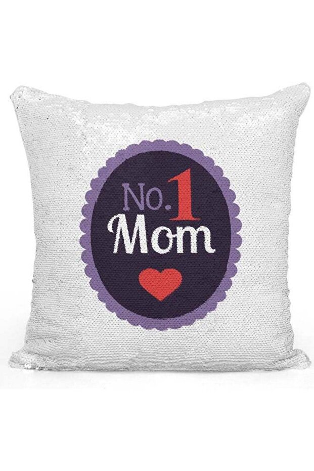 No 1 Mom Themed Sequin Decorative Throw Pillow White/Purple/Silver 40x40cm