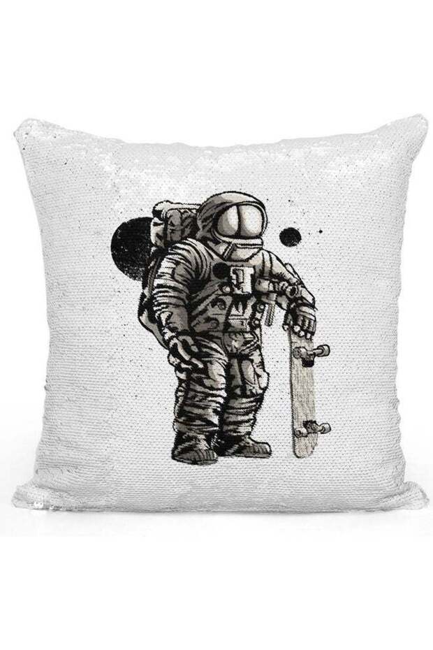 Astronaut Skating Printed Sequin Decorative Throw Pillow White/Black/Silver 40x40cm