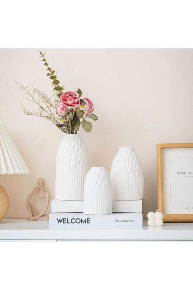 Distressed Ceramic Vase Set of 3 Modern Bohemian Farmhouse Home Decor Pampas Grass Dried Flowers Va