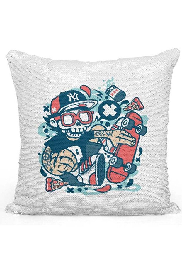 Skater Themed Sequin Decorative Throw Pillow White/Blue/Silver 40x40cm