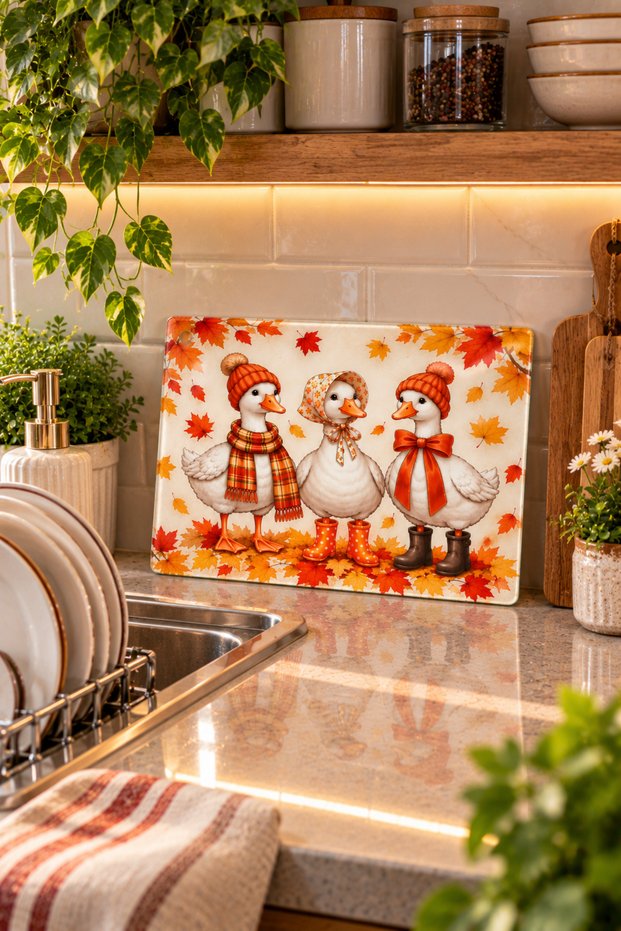 Glass Cutting Board with Goose Figure and Autumn Theme - Glass Cutting Board | 20cm X 30cm