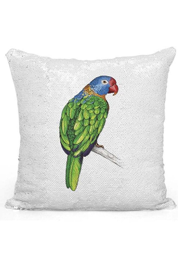 Cute Parrot Themed Sequin Decorative Throw Pillow White/Silver/Green 40x40cm