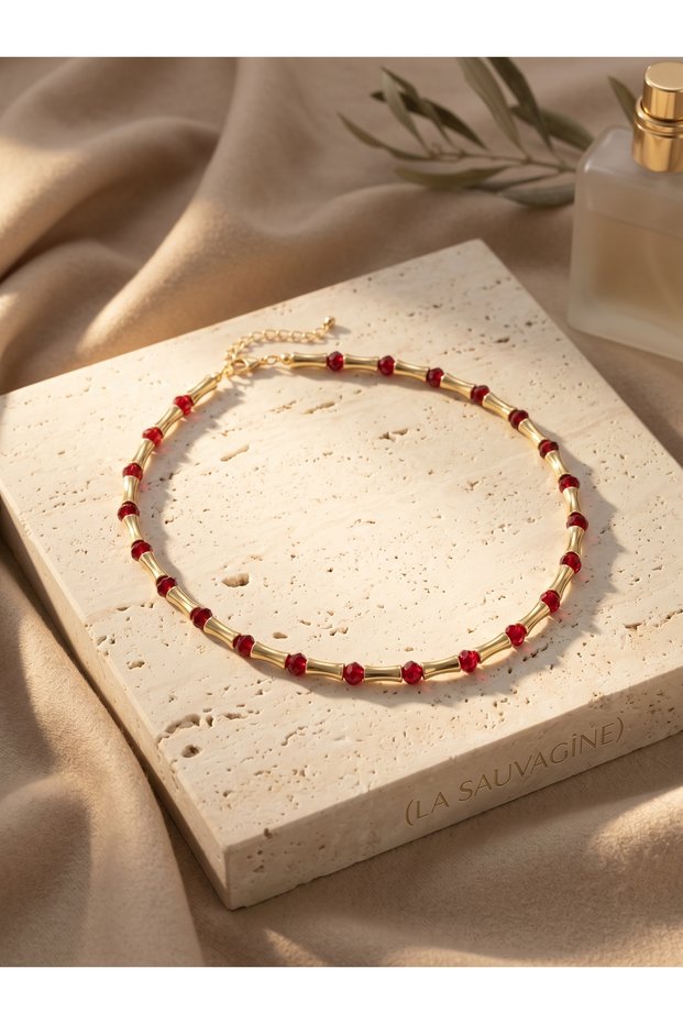 Women's Gold Tube Detailed Vibrant Red Crystal Beaded Necklace
