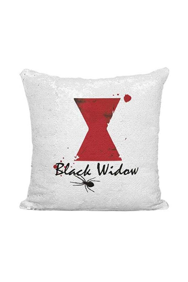 Avengers Character Black Widow Logo Printed Sequined Throw Pillow Silver/White/Red 16x16inch