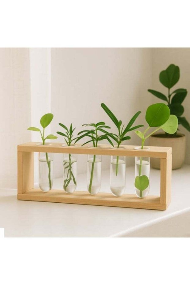 Wooden Flower Stand with 5 Tubes – Decorative Tabletop Vase Holder (44 cm)