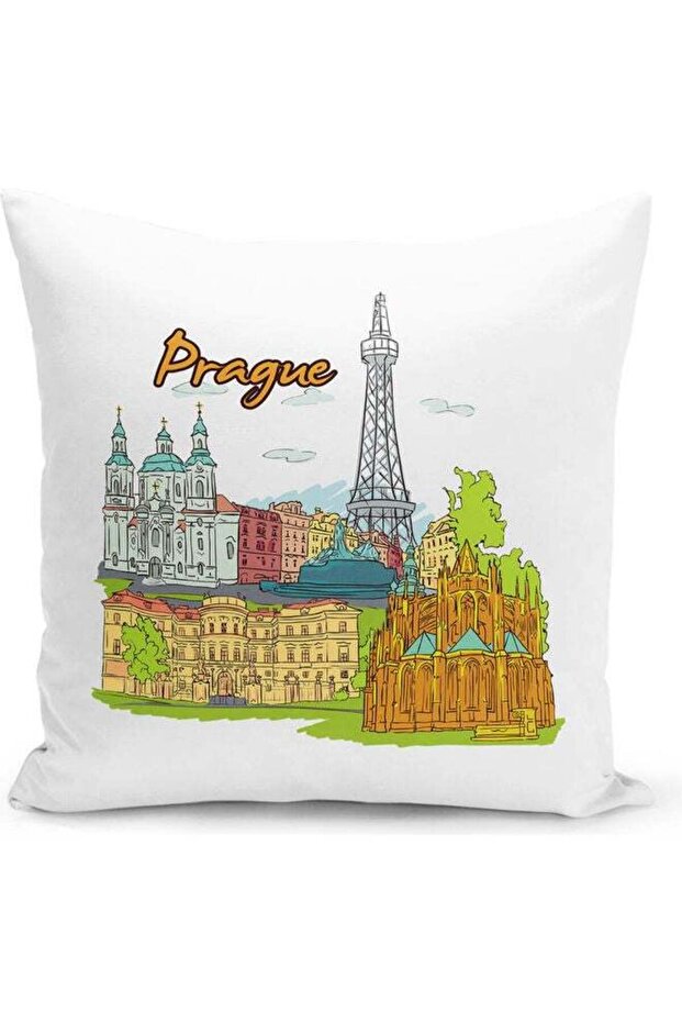 Prague Themed Decorative Throw Pillow White/Green/Blue 40x40cm