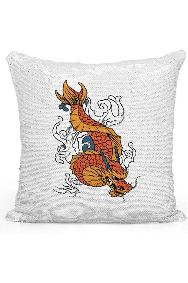 Feng Shui Fish Themed Sequin Decorative Throw Pillow White/Yellow/Red 40x40cm