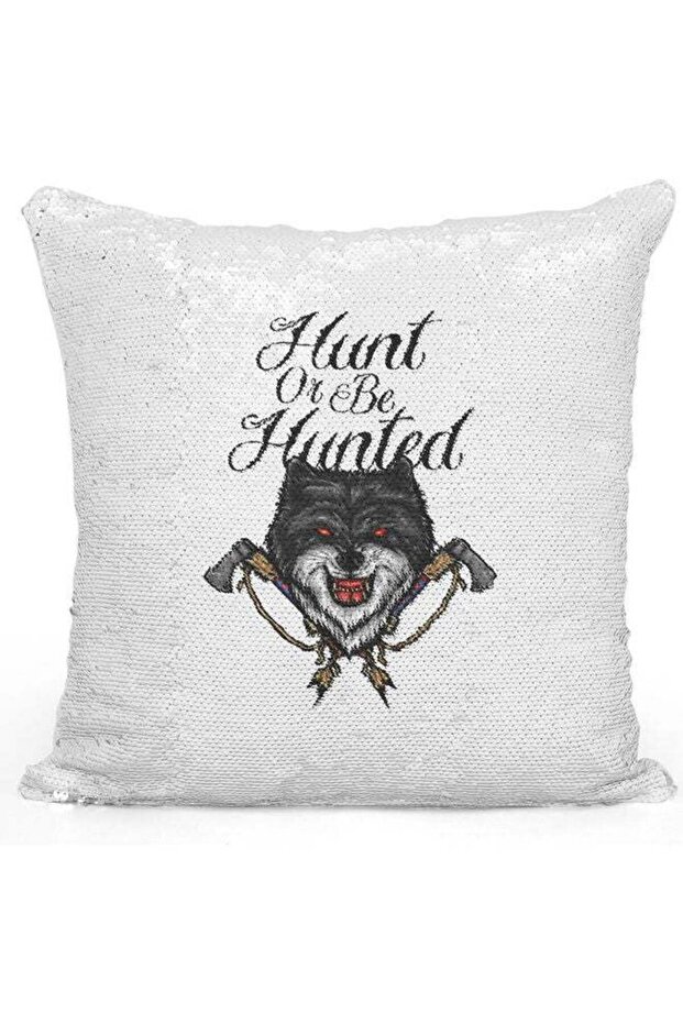 Hunt Or Be Hunted Quote Printed Sequin Decorative Throw Pillow White/Grey/Silver 40x40cm