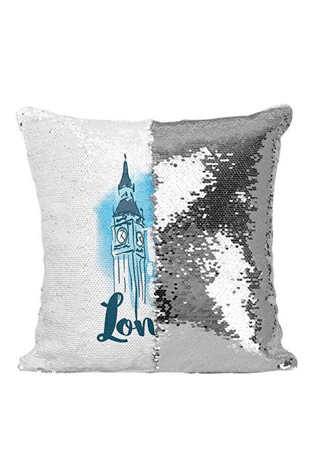 Take Me To London Sequin Throw Pillow Silver/White/Blue 16x16inch