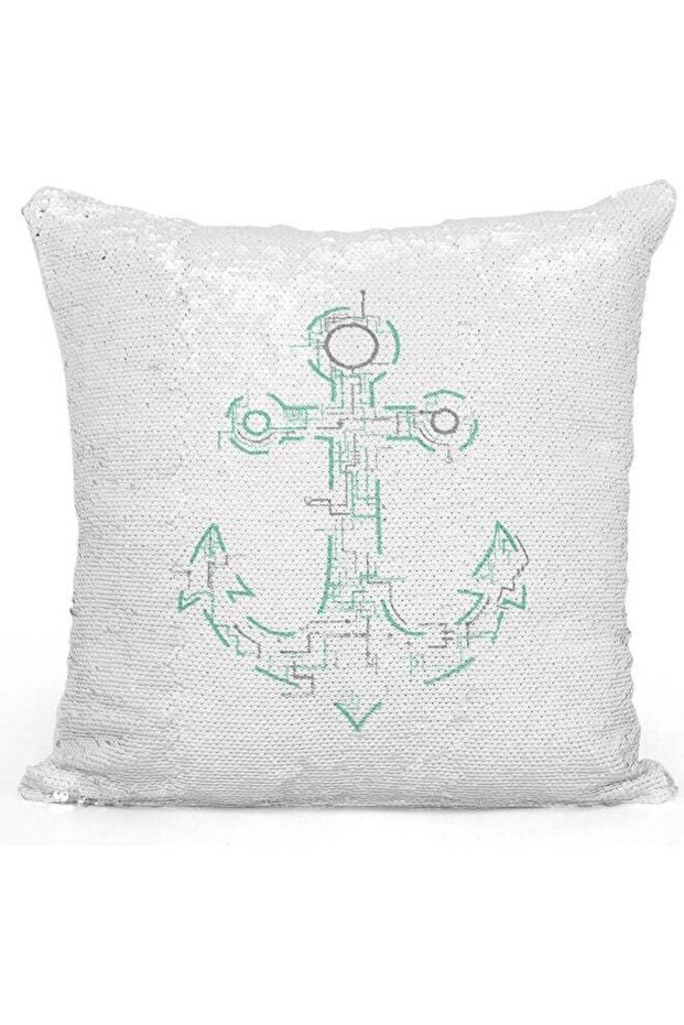 Anchor Printed Sequin Decorative Throw Pillow White/Blue/Silver 40x40cm