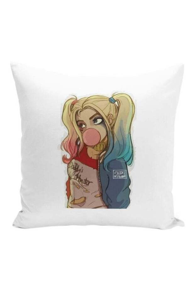 Cute Harley Quinn Printed Decorative Pillow White/Yellow/Blue 16x16inch