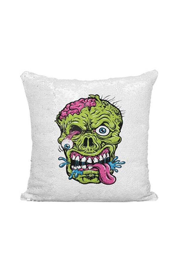 Zombie Face Printed Sequined Throw Pillow Silver/White/Green 16x16inch