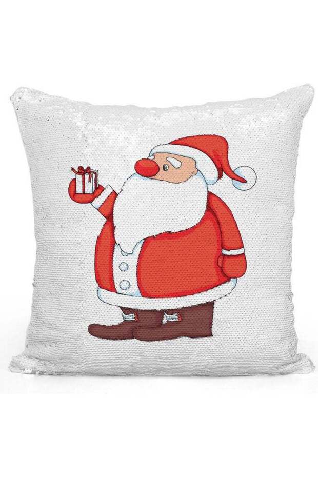 Santa Claus Gift Themed Sequin Decorative Throw Pillow White/Silver/Red 40x40cm