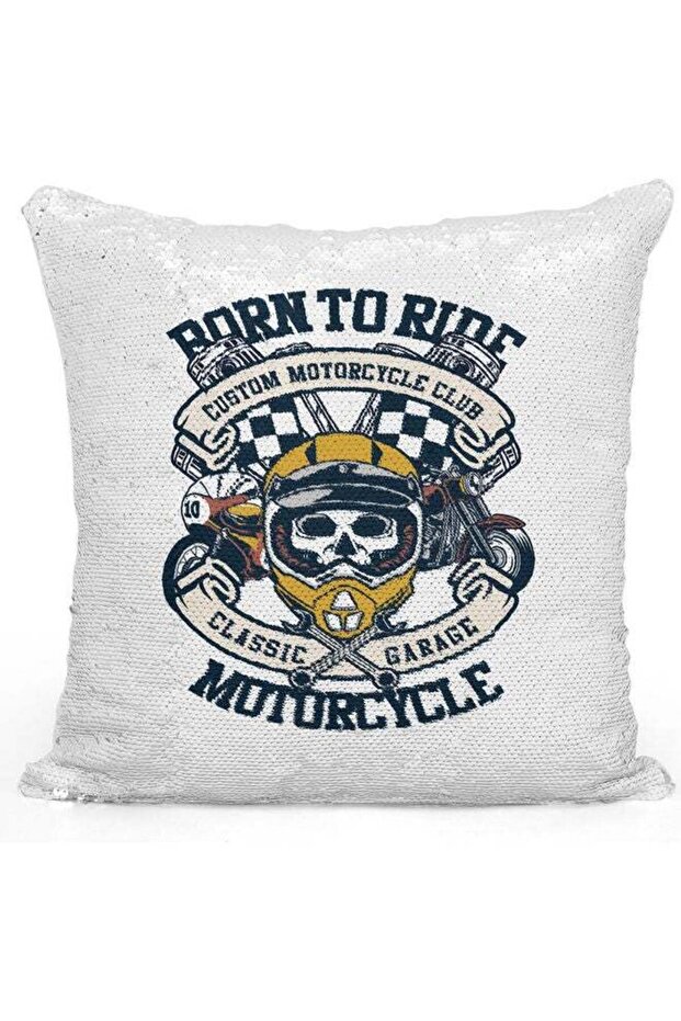 Born To Ride Quote Themed Sequin Decorative Throw Pillow White/Silver/Blue 40x40cm