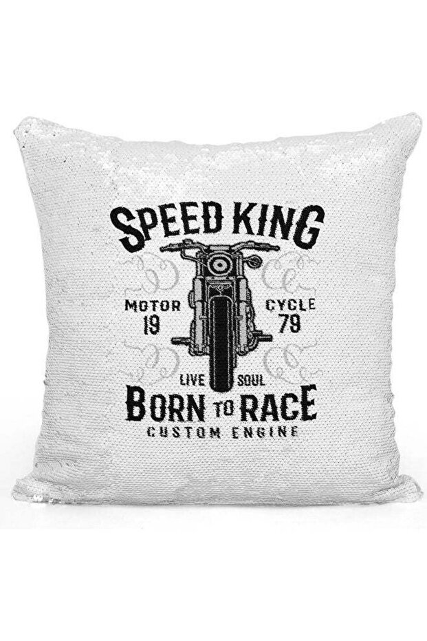 Speed King Themed Sequin Decorative Throw Pillow White/Silver/Black 40x40cm