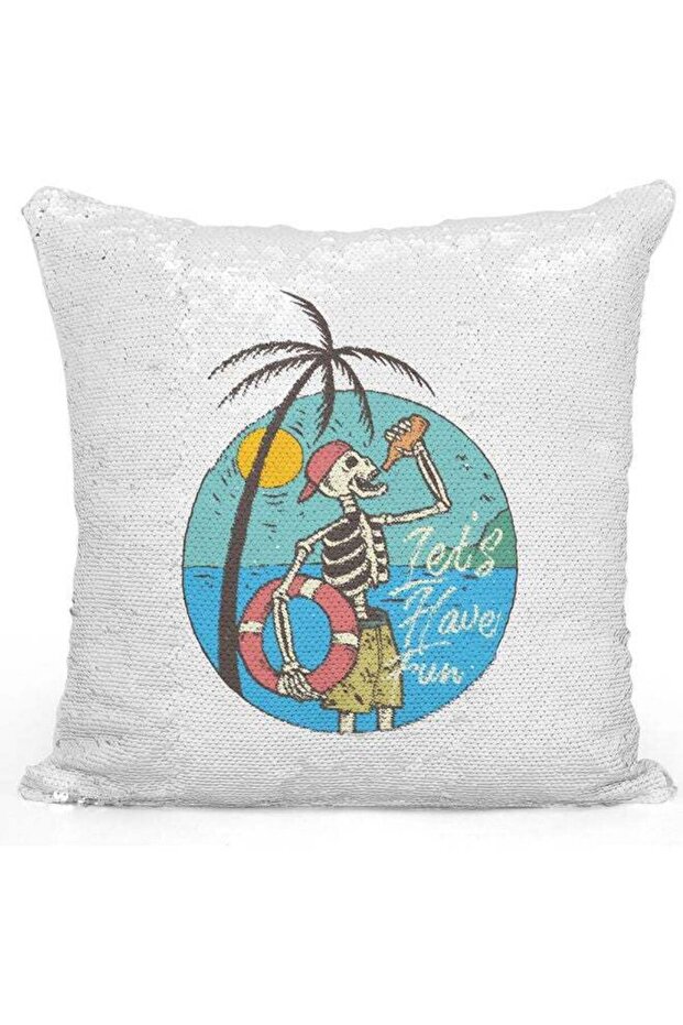 Have Fun Themed Sequin Decorative Throw Pillow White/Blue/Silver