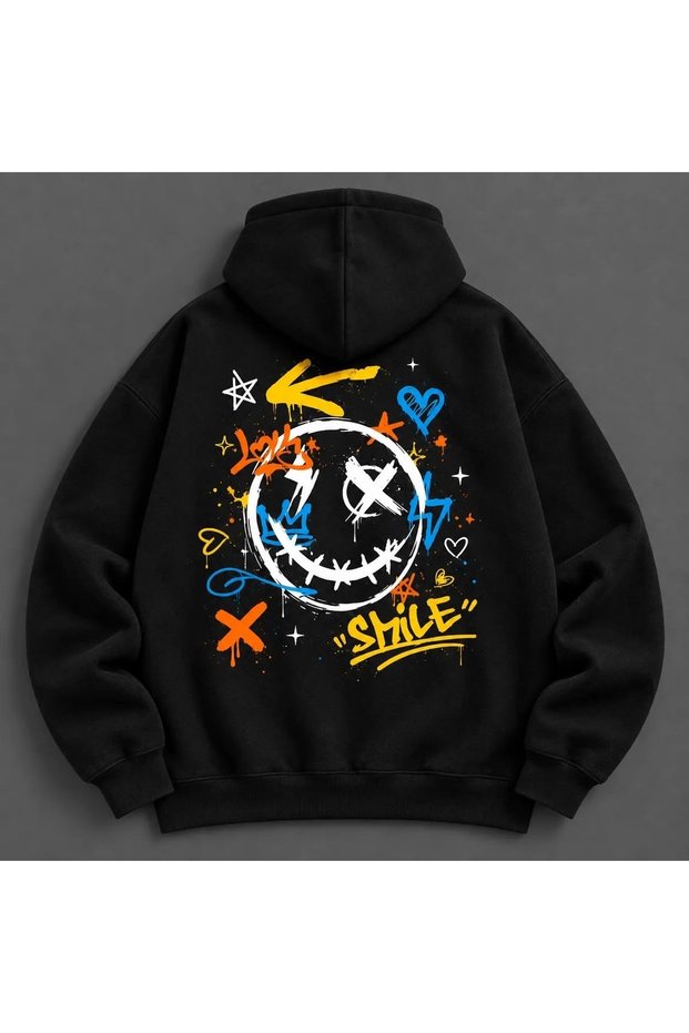 Smile Printed Premium Oversize Hooded 3 Thread Cotton Sweatshirt