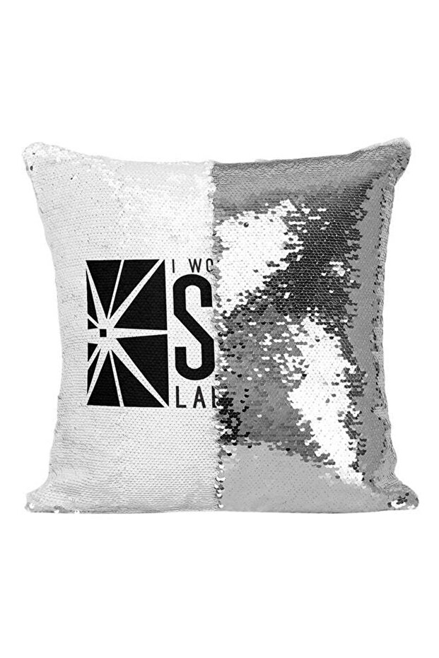 I Work At Star Laboratories Sequin Throw Pillow Silver/White/Black 16x16inch