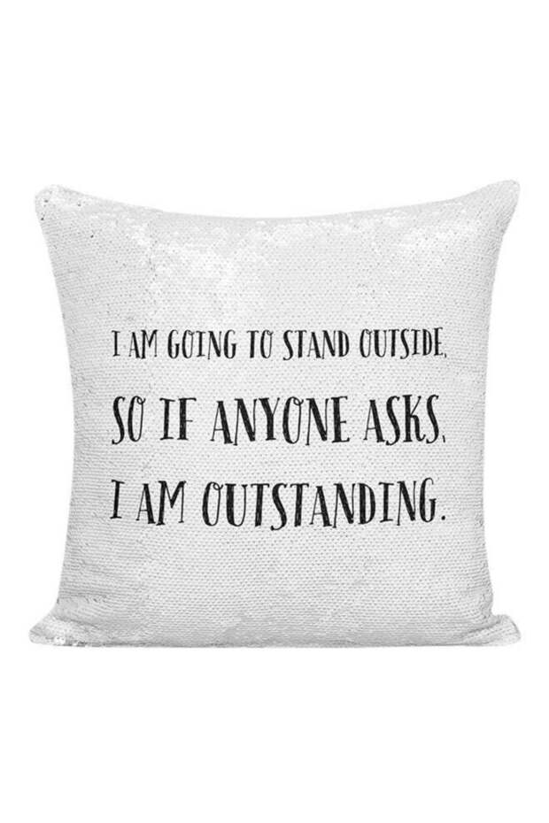 I Am Outstanding Funny Witty Sequined Pillow Silver/Black 16x16inch