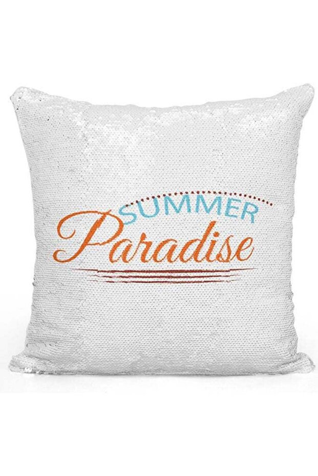 Paradise Themed Sequin Decorative Throw Pillow White/Silver/Orange 40x40cm
