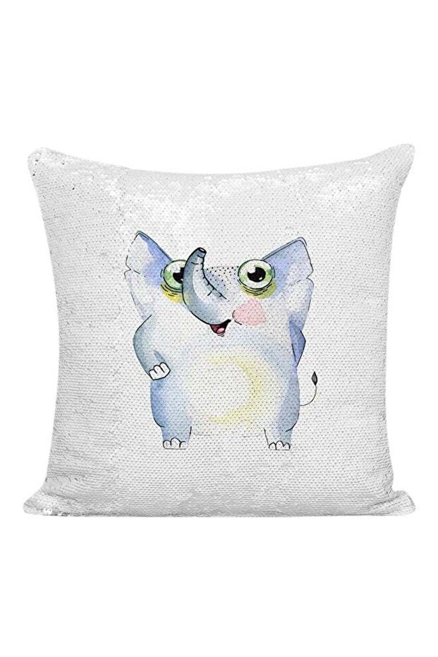Elephant Cartoon Sequined Pillow White/Silver/Blue 16x16inch
